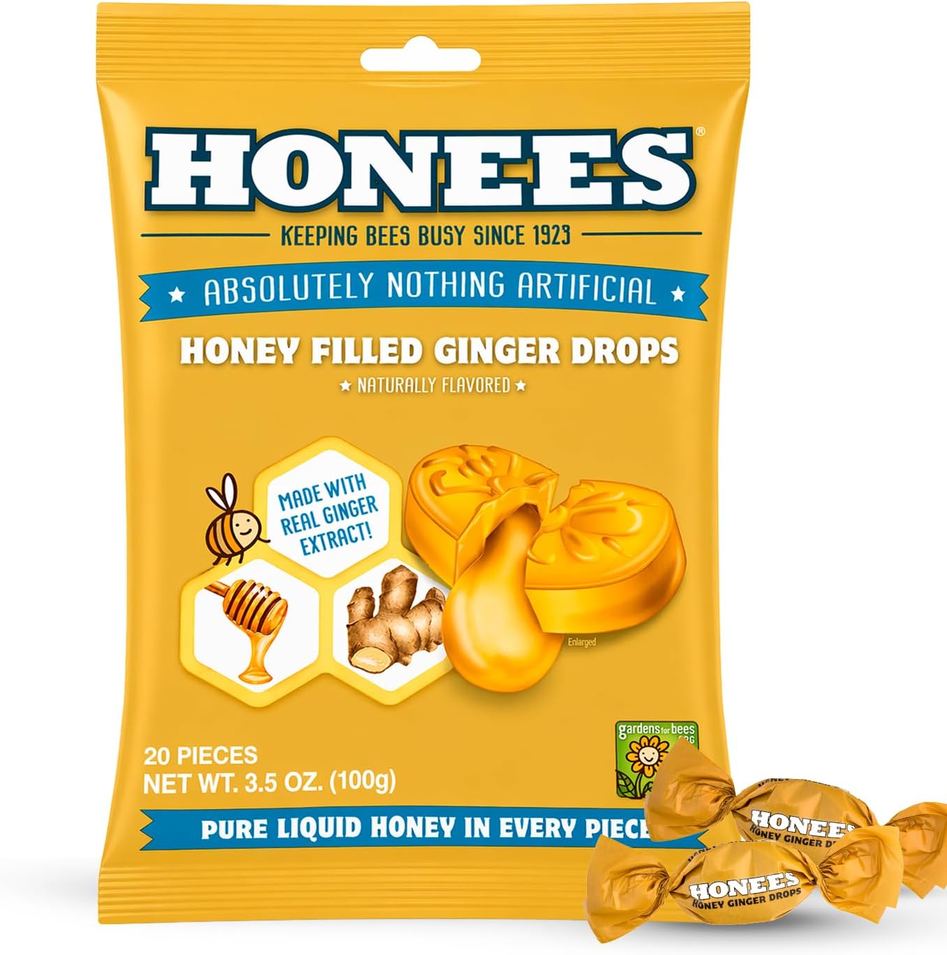 Honees Filled Honey Ginger Drops, Natural Cough Drops- Pure Ginger Sore Throat Relief - Nothing Artificial -Throat Coat Lozenges, Natural Cough Suppressant, Non-GMO, Gluten Free 100gx3