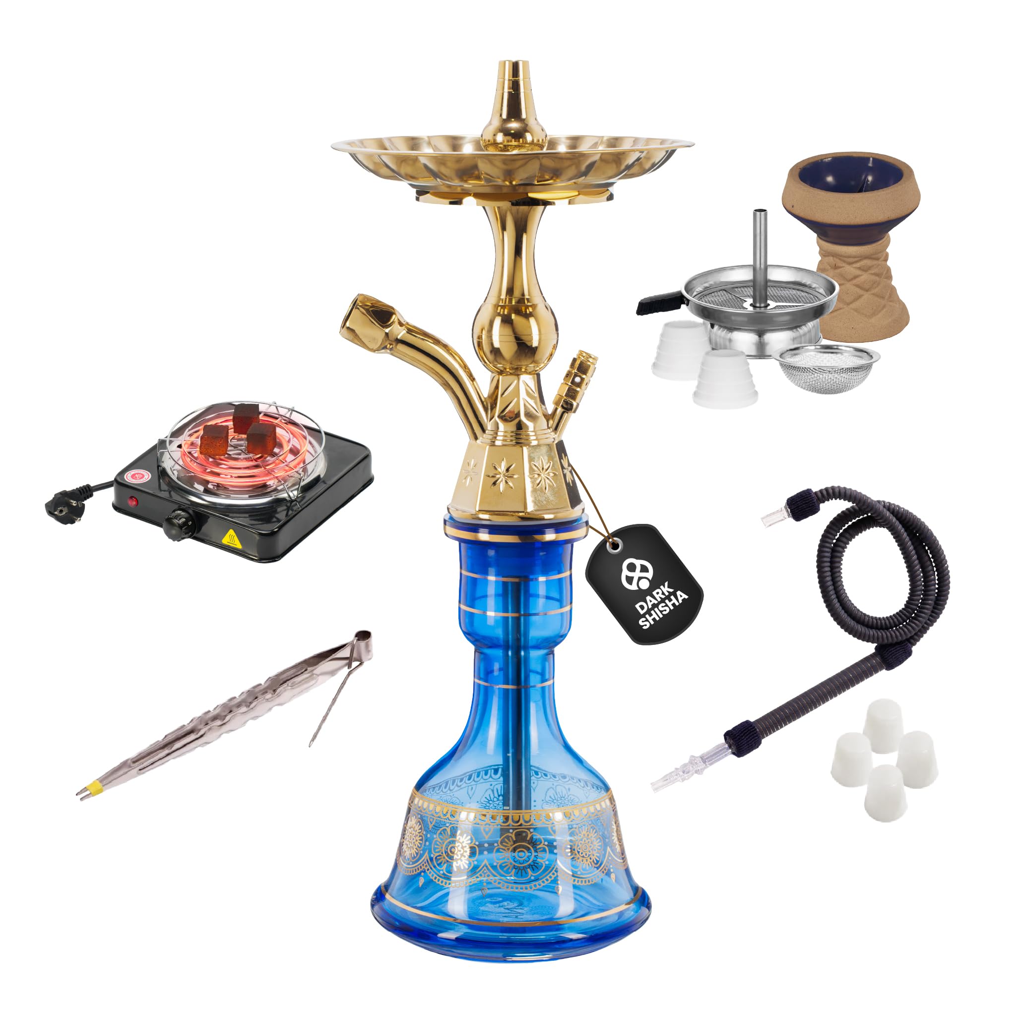 Dark Shisha Narghilè Tradizionale Luna Blu 44,5 cm + Fornello Elettrico 1000W per Carbone | Set Completo con Tubo Tradizionale, Braciere con Camino, Pinza e Accessori
