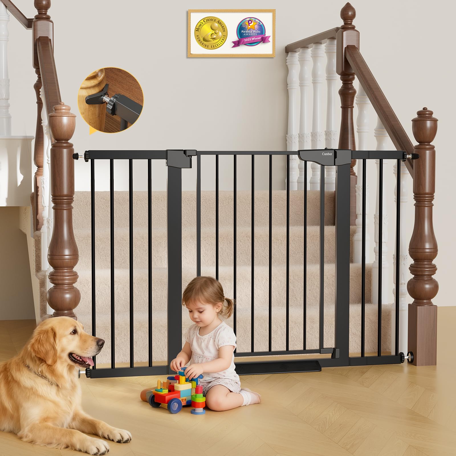 Cumbor 29.7–51.5" Extra Wide Baby Gate for Stairs, Pressure-Mounted Dog Gates for Doorways & Hallways, Auto-Close Walk-Through, No-Trip Design, Child Proof Safety, Dog/Pet Gate for Indoor Use, Black