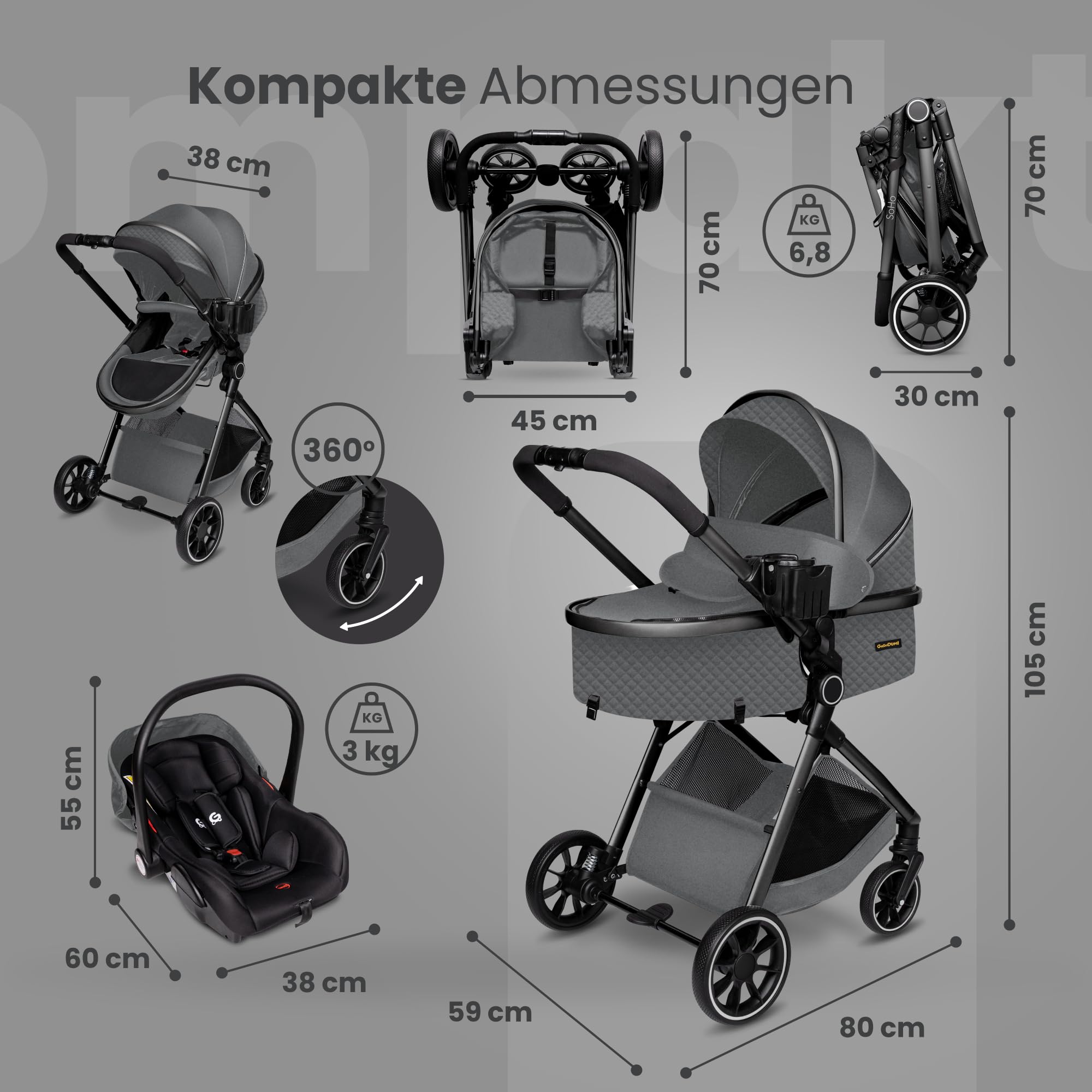 GagaDumi SoHo 3 en 1 Cochecito para Bebé con Capazo y Silla de Coche i-Size, Carrito Plegable Ligero con Accesorios, desde Recién Nacido hasta 22 kg