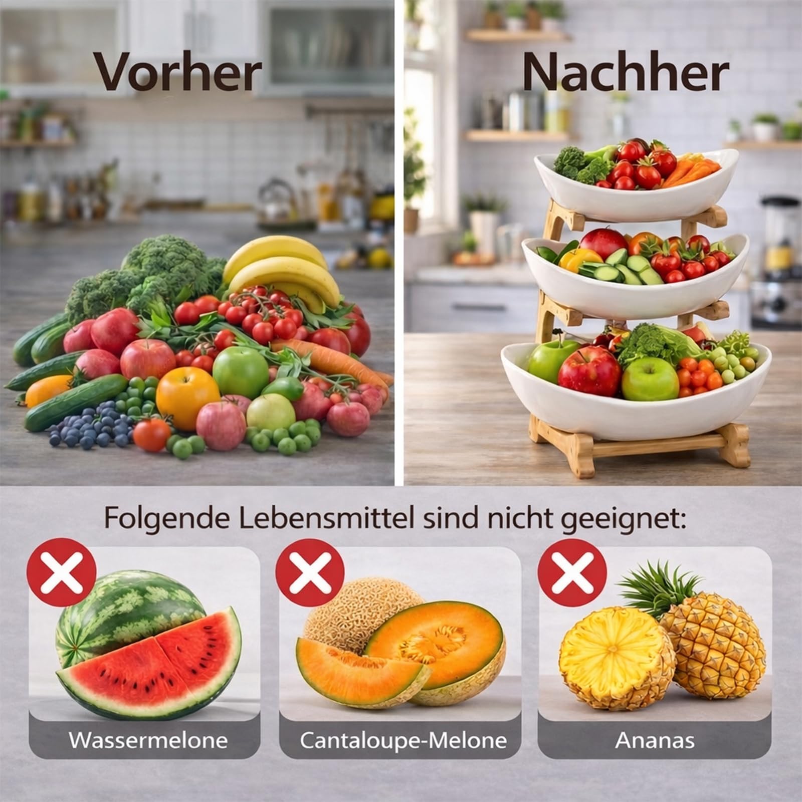 Obst Etagere 3 Stöckig Keramik mit Bambusständer – Etagere Obstschale für Küche & Esstisch, Große Obstständer für Arbeitsplatte, Spülmaschinenfest