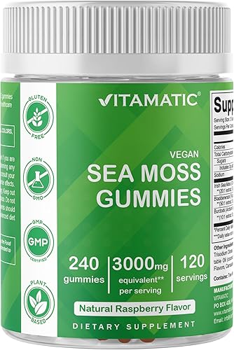 Vitamatic Gomitas de musgo marino irlandés mg – 240 gomitas veganas – Hechas con vejiga y raíz de bardana – Suplemento de masa de marina, sin gluten