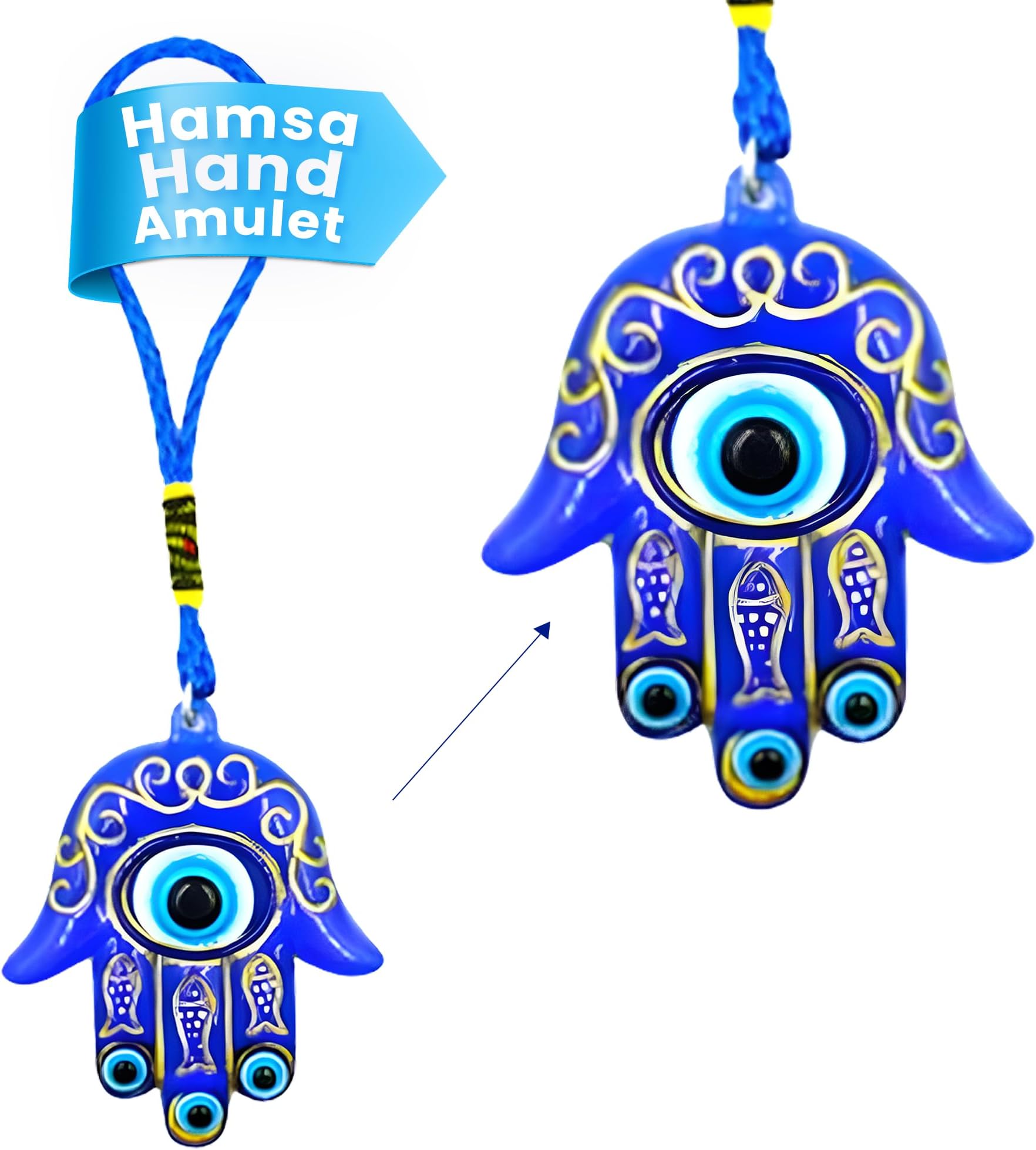 LUCKBOOSTIUM Hamsa Hand Amulet Good Luck & Protection Blue White & Black Evil Eye Hanging Car Mirror Accessories Office Door