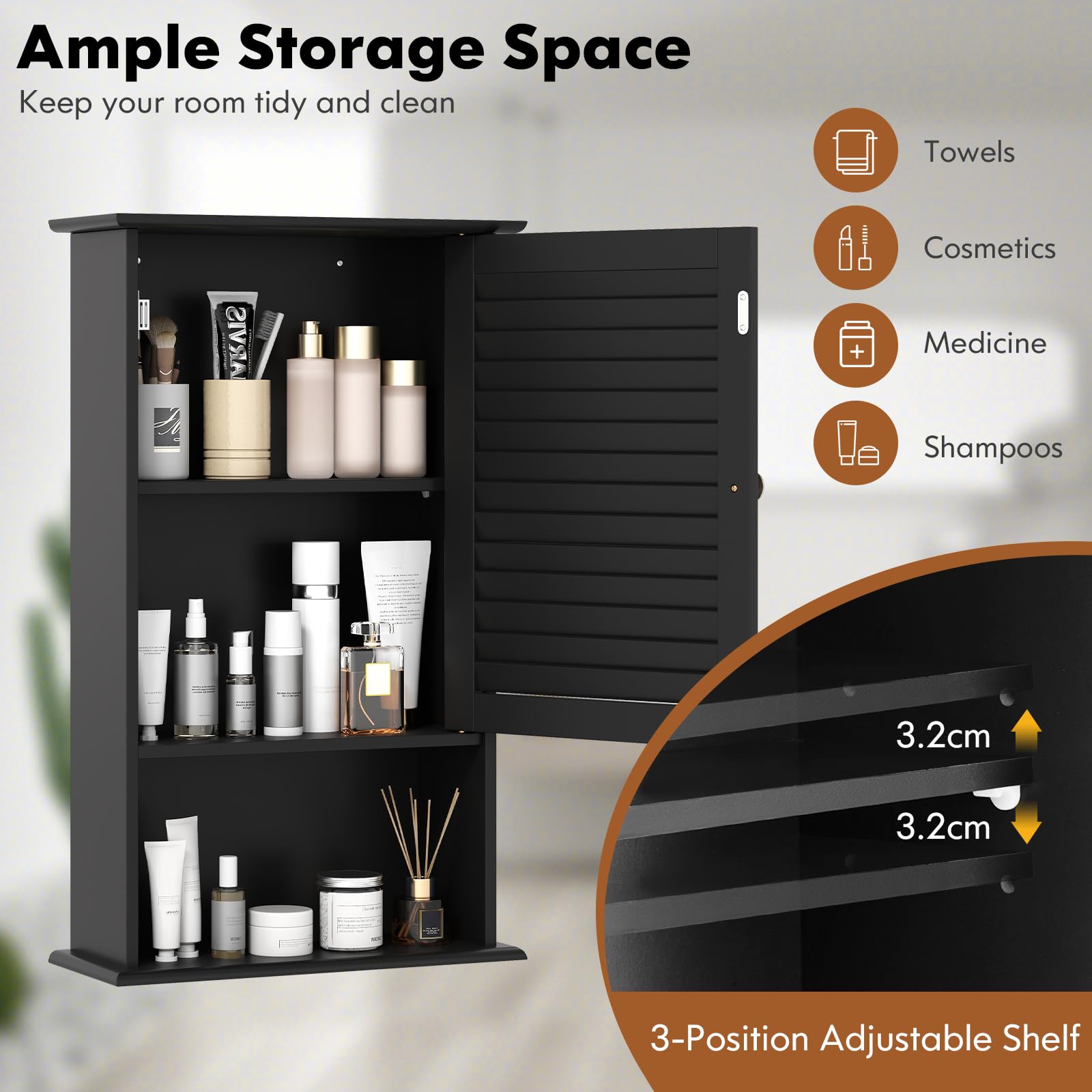 Armoire De Salle De Bain Murale, 3 Etagère De Rangement Structure En Mdf Pratique Pour Petits Espaces Style Facile A Assortir 42 X 17 X 70 Cm Noir 97514917