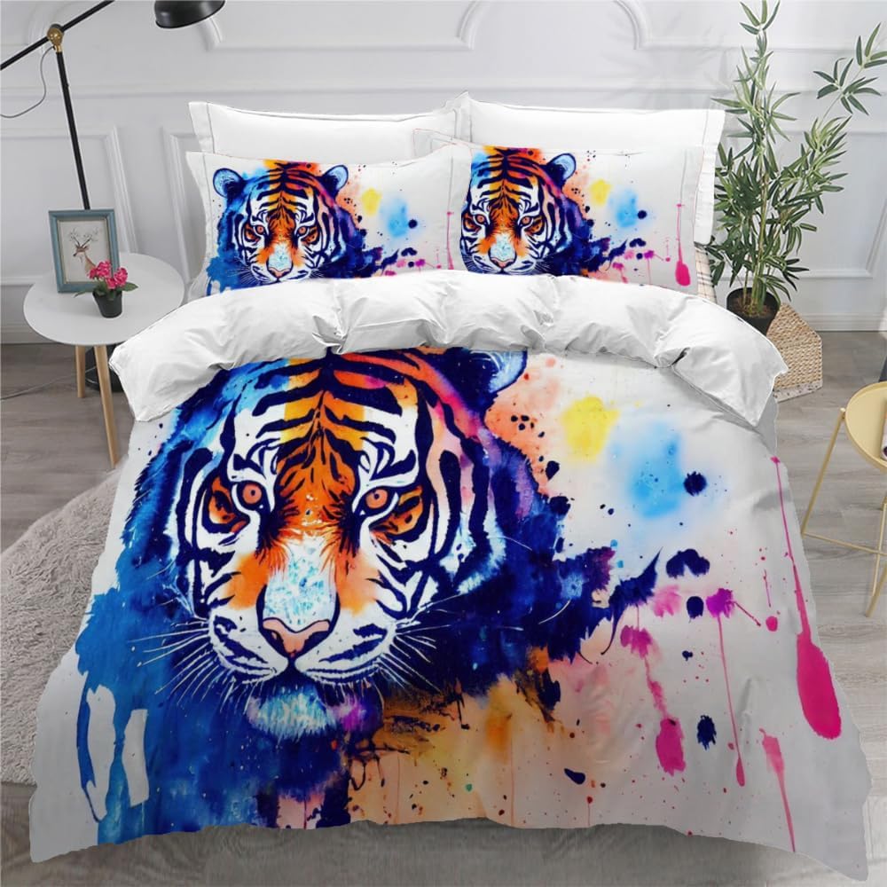 MEVASA King Bedding Set Tiger 3d Printed Girls Boys Adults Soft Microfiber Fluffy Breathable Kingsize Duvet Cover Set Graffiti Art Bedding King Size with 2 Pillow Cases /230x220