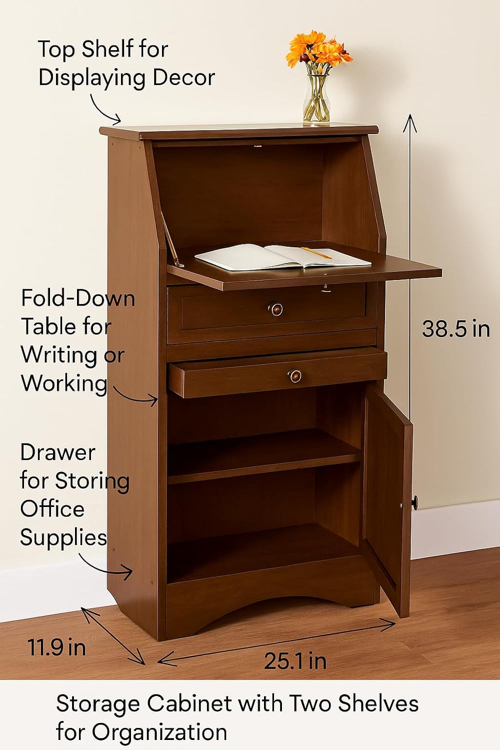 Ergode Versatile Secretary Desk with Fold-Down Table, Storage Cabinet, and Shelves in Walnut Finish - 38.5" H x 25.1" W x 11.9" D