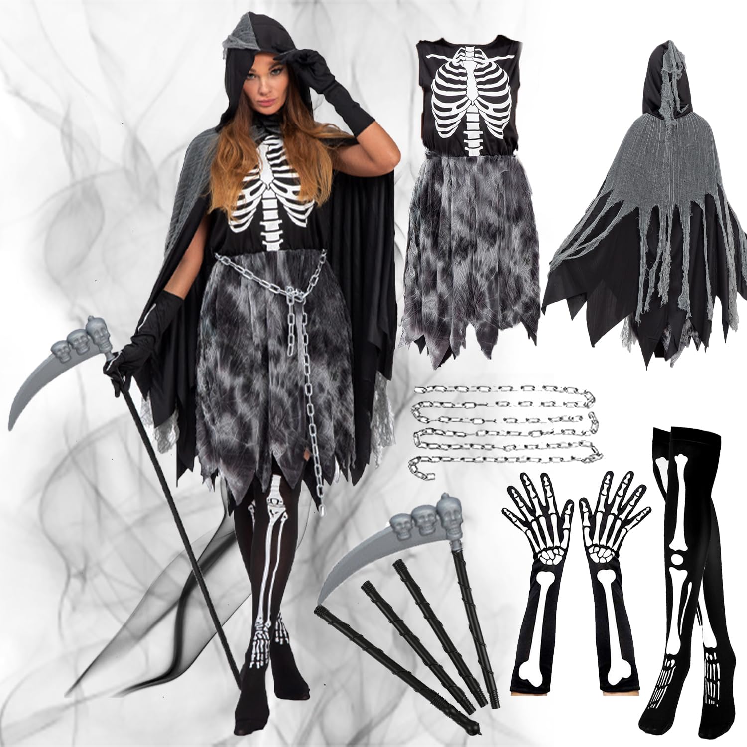 Set Costume Tristo Mietitore Halloween Per Bambini: 5 Pezzi Con Mantello, Maschera Teschio, Guanti Luminescenti E Falce