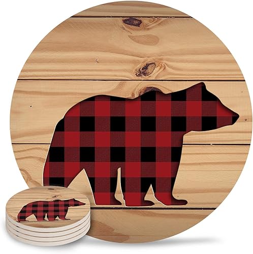 Juego de 4 posavasos de cerámica para bebidas, diseño de oso a cuadros de búfalo rojo, madera, único, absorbente, redondo, cerámica, con respaldo de