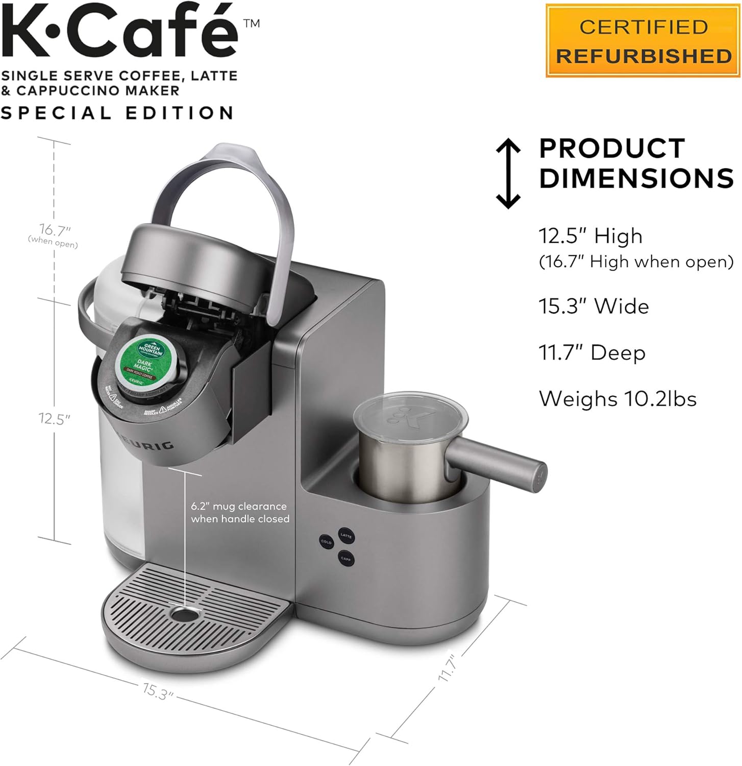 Keurig K-Cafe Special Edition Coffee Maker with product dimensions labeled