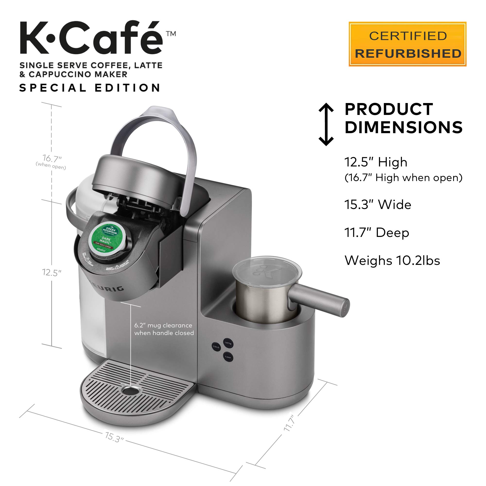 Keurig K-Cafe Special Edition Coffee Maker, Single Serve K-Cup Pod Coffee, Latte and Cappuccino Maker, Comes with Dishwasher Safe Milk Frother, Coffee Shot Capability, Nickel (Renewed)
