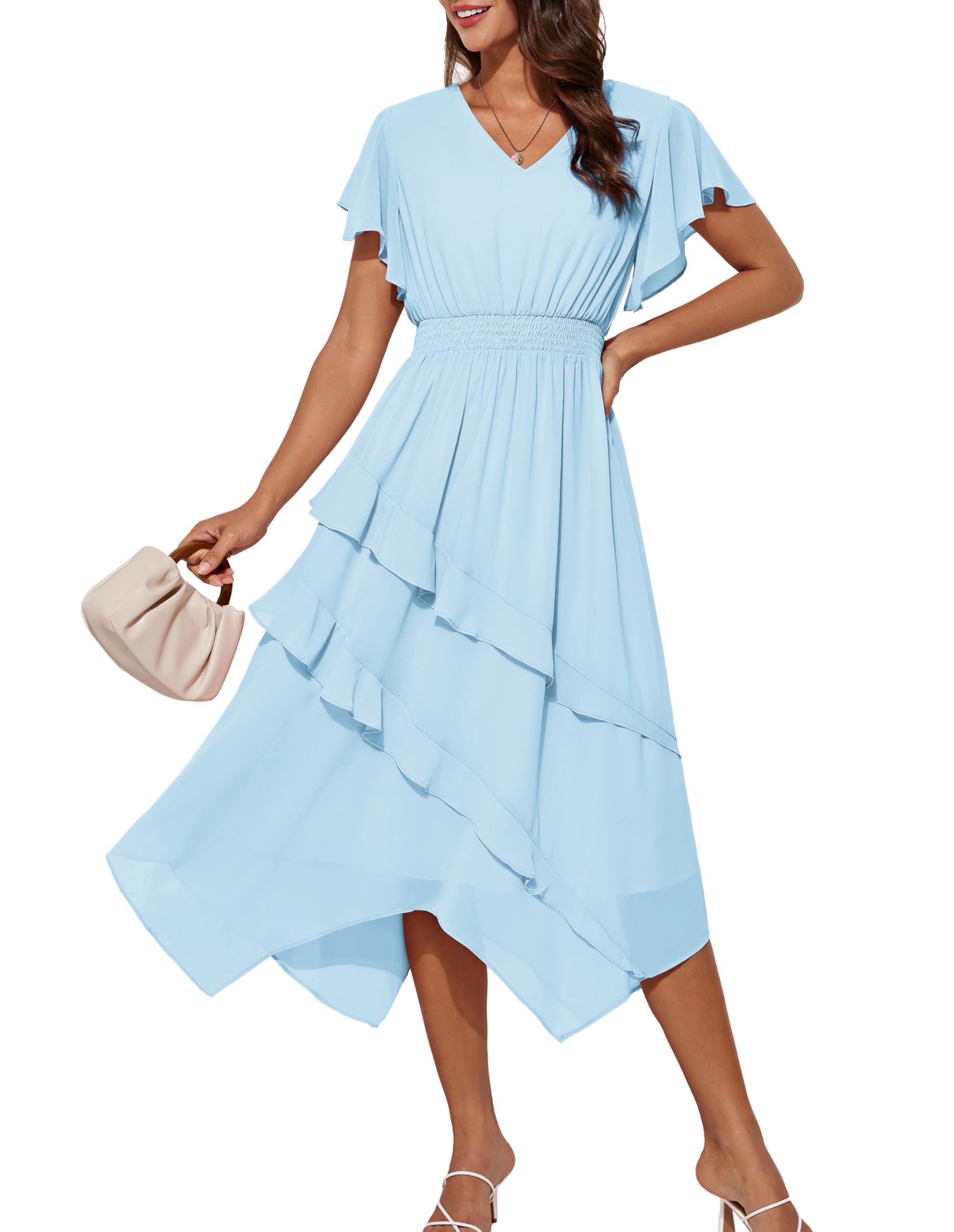 GRACE KARIN Kleider Damen Sommer Elegant V Ausschnitt Rüschen A Linie Kleid | Hochzeitsgast, Festliche, Curvy, Wickel, Midi