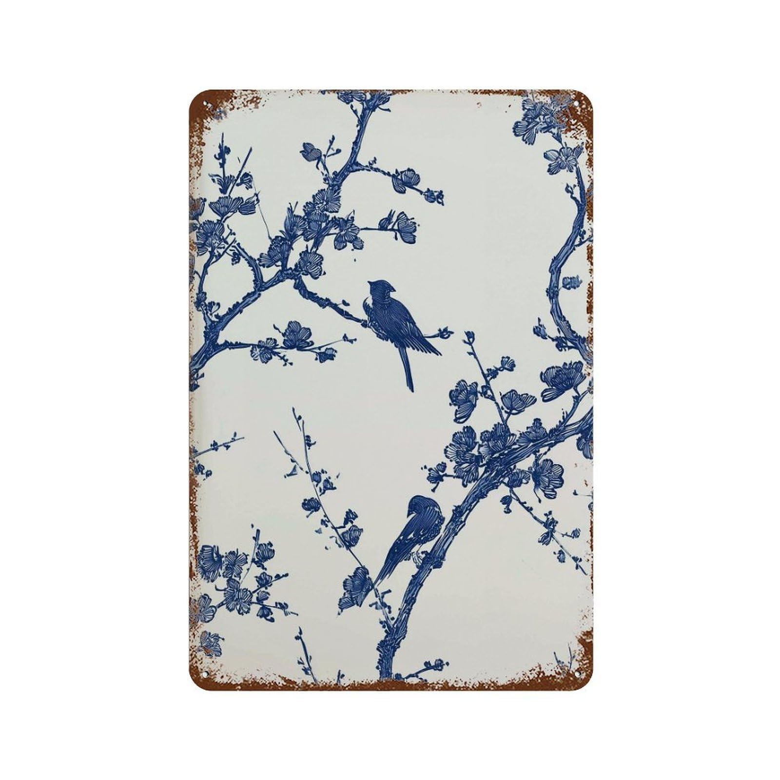 xiaoxiaoshen Blue Blossom Bird Chinese Ink Style Minimalist Nature Asian Botanical Line Moder Wall Decor Art Metal Tin Poster Modern Home Decor Art Home Bar Shop Decorations Vintage Sign 30x20cm