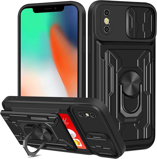 Aolcev for iPhone XS Case iPhone X Case with Card Holder Wallet Case with Camera Cover Ring Kickstand Heavy Duty Hard PC Soft TPU Bumper Armor Shockproof Protective Case Cover for iPhone X/XS-Black