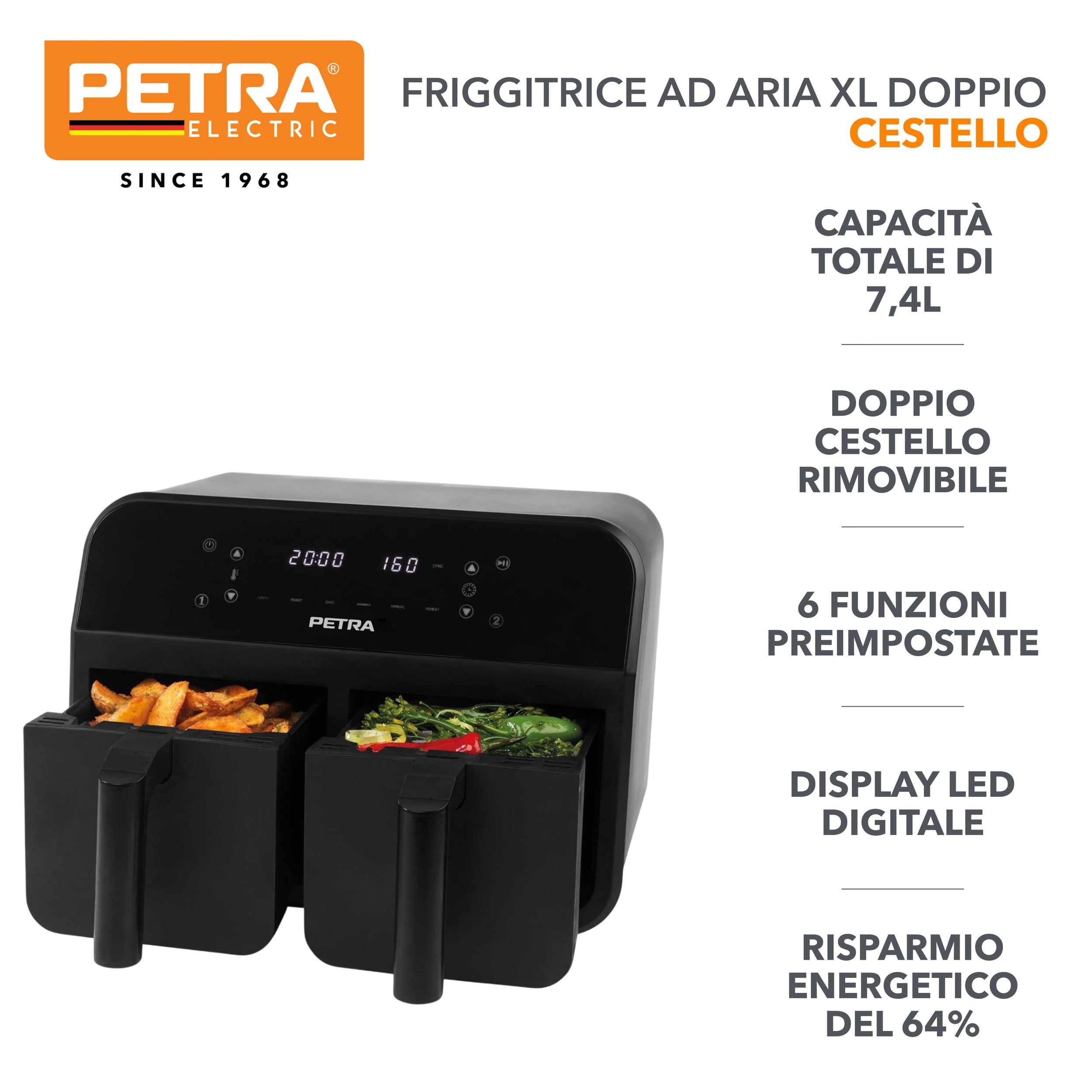 Petra PT4750BLKVDE - Friggitrice ad aria da 7,4 l, doppio cestello rimovibile, funzioni di cottura Sync e Match, 2 vassoi XL per cottura indipendente, display LED digitale, 6 programmi, 2400 W.