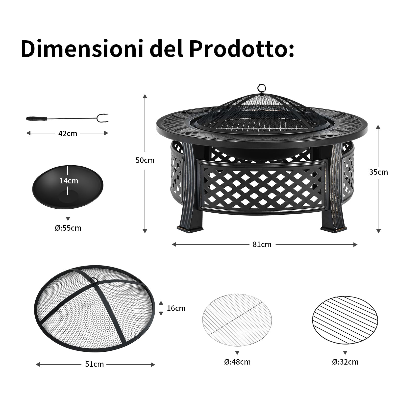 COSTWAY Braciere da Giardino, 3 in 1 Braciere da Esterno con Copertura Protettiva, Copertura Antipioggia e Attizzatoio, Diametro: 50 cm, per Campeggio, Cortile, Patio
