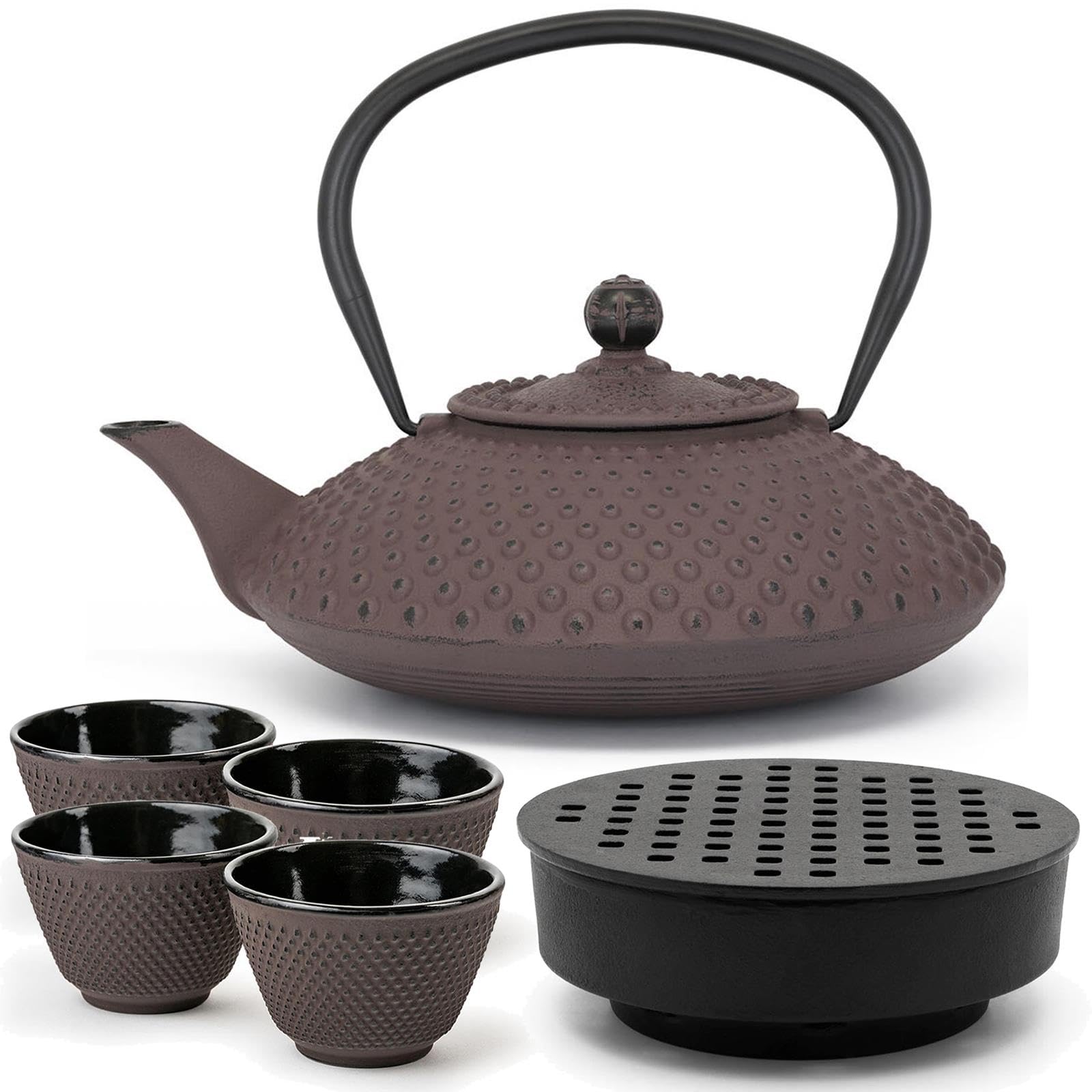 Bredemeijer Gusseisen Teekanne 1.25 Liter Induktion - flache Asia Gusskanne aubergine im Set mit 4 Teebecher (Tassen) & Teewärmer & Teefilter-Sieb-Einsatz