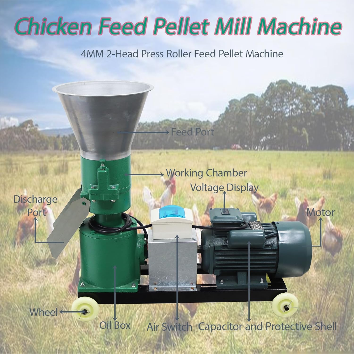 Chicken Feed Pellet Mill Machine,Animal Feed Pellet Machine with 2-Head Pressure Roller,Chicken Feeding Mill 4mm Grinder,Feeding Granulator 264LB,220V,3KW