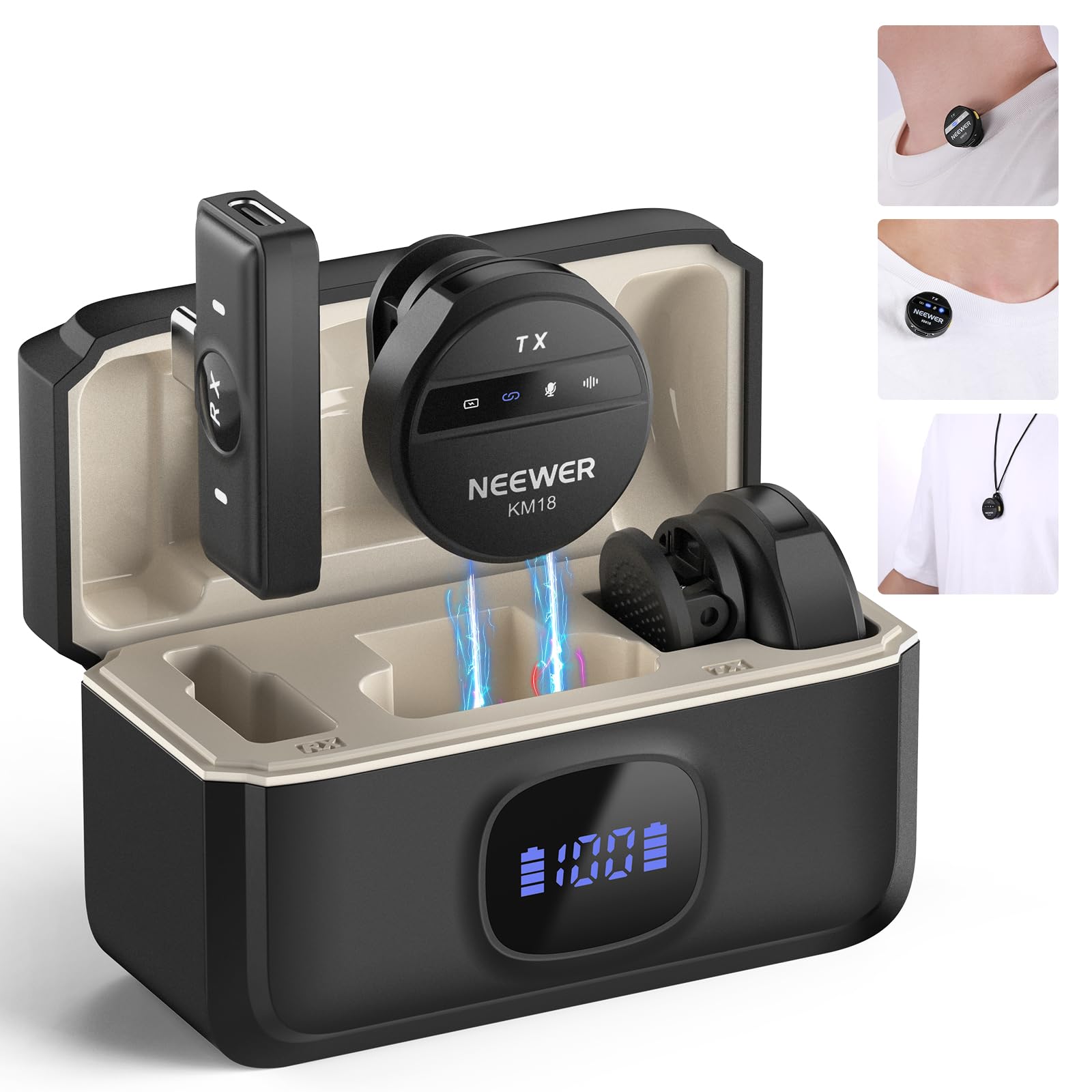 NEEWER Micrófono Lavalier Inalámbrico para USB C con Estuche Carga,Compatible con iPhone/Android/PC/Laptop,Mini Micrófono Solapa 48KHz/24Bit,Cancelar Ruido Batería 24H para Grabación Vlog Vivo, KM18