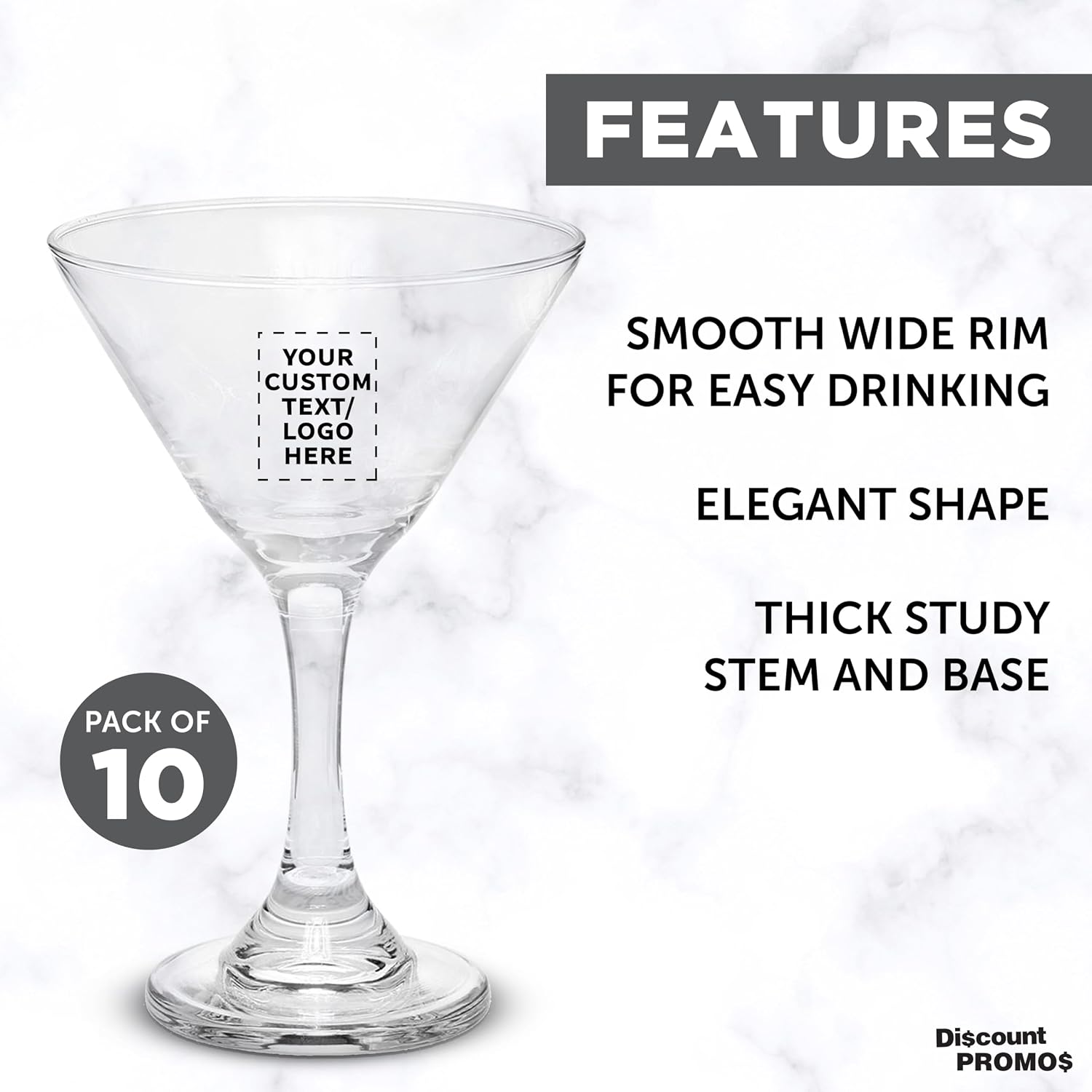 Custom Classic Martini Glasses 9.25 oz. Set of 10, Personalized Bulk Pack - Great for Cocktails, Wedding Favors, Party Favors, Events - Clear