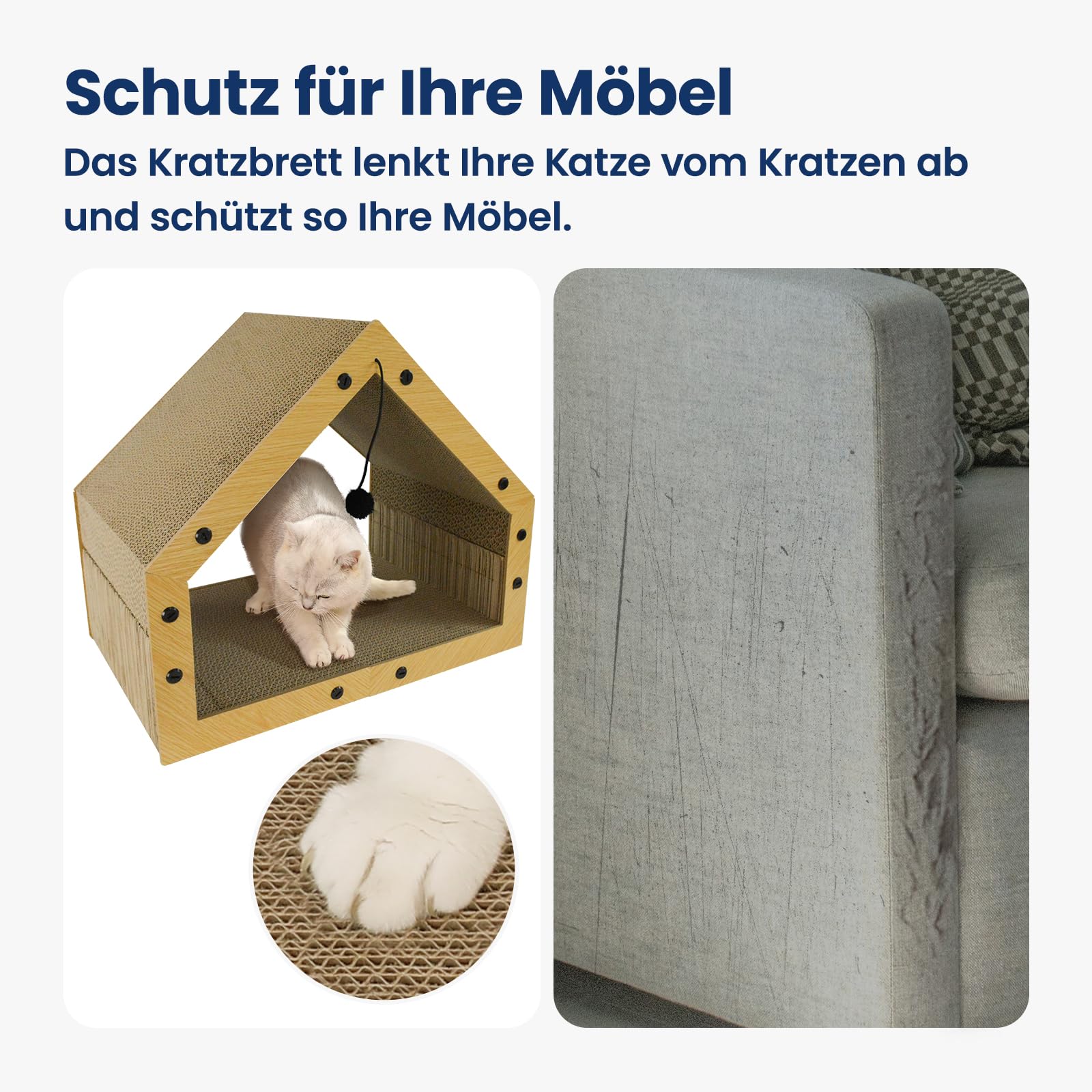 Kratzpappe für Katzen Groß XXL mit Ball, Hausform Kratzbretter Katze, Betten, Kratzspielzeug & Kratzmöbel aus Hochwertiger Wellpapier, 40x30x40cm