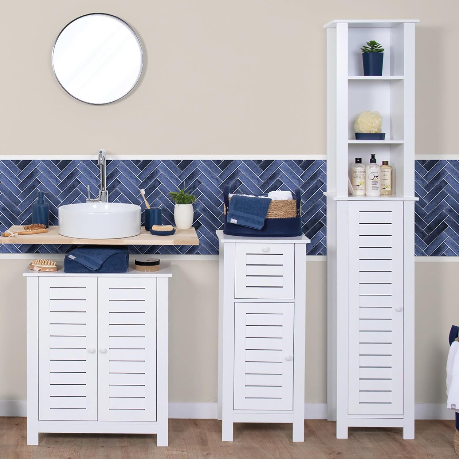EVIDECO French Home Goods Compact White Bathroom Storage Cabinet with Drawer and Vented Door, Freestanding Linen Cabinet for Small Spaces, Santorin Collection