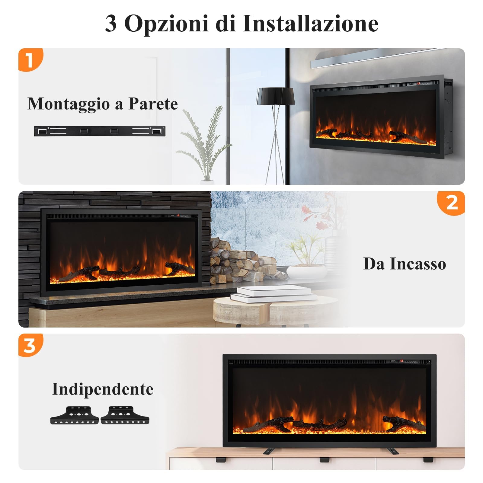 GYMAX Camino Elettrico, Caminetto a Parete Incassato, 750W/1500W, con Telecomando, Timer, Decorazione di 3 Tronchi e Cristalli, 91,5 x 14 x 45 cm (91,5 x 14 x 45 cm)