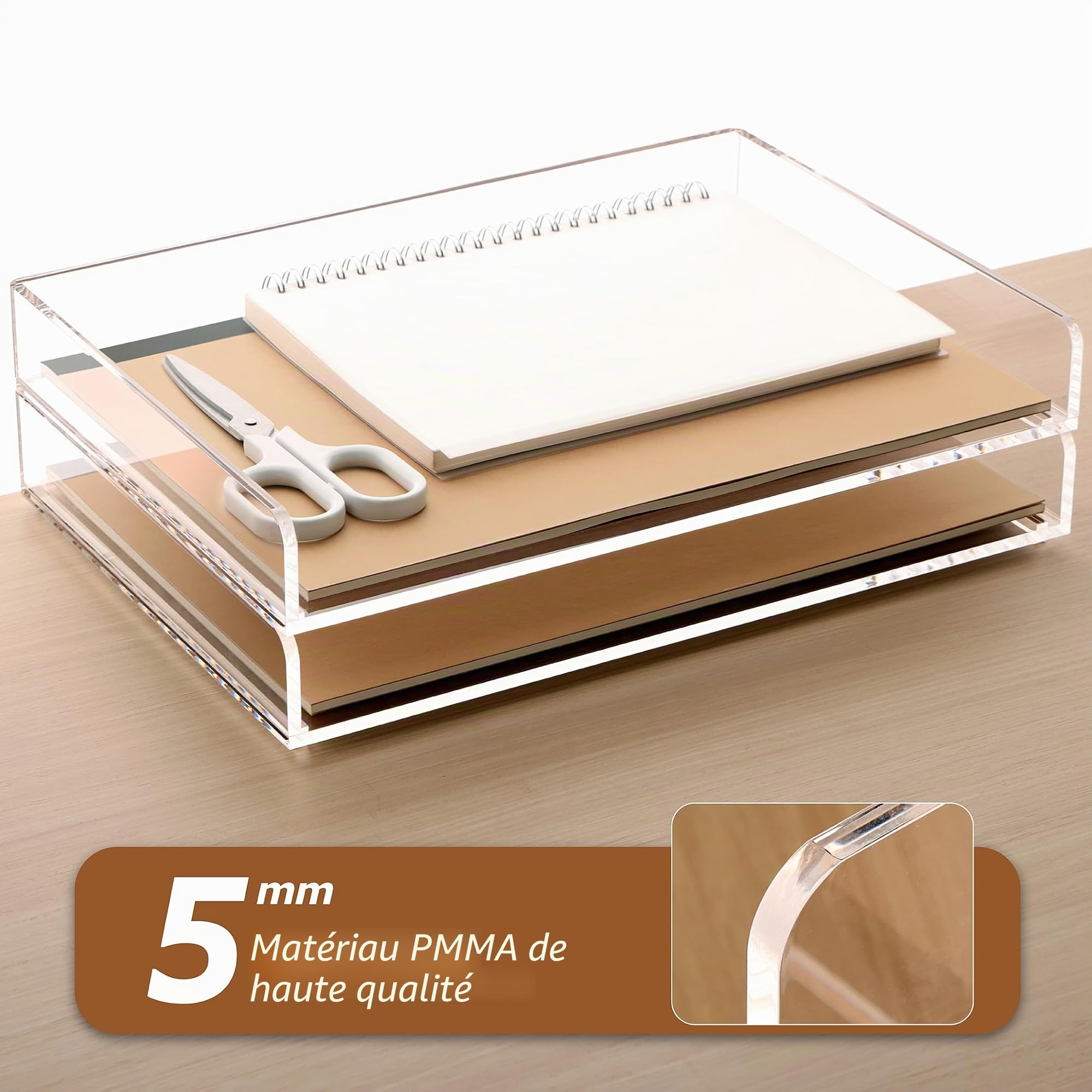 SANRUI Corbeilles à courrier 2 Pièces,Acrylique Organisateur de Bureau empilable,Plateau de Bureau en Transparent,Bacs à Documents pour Le Bureau, l'école, l'étude