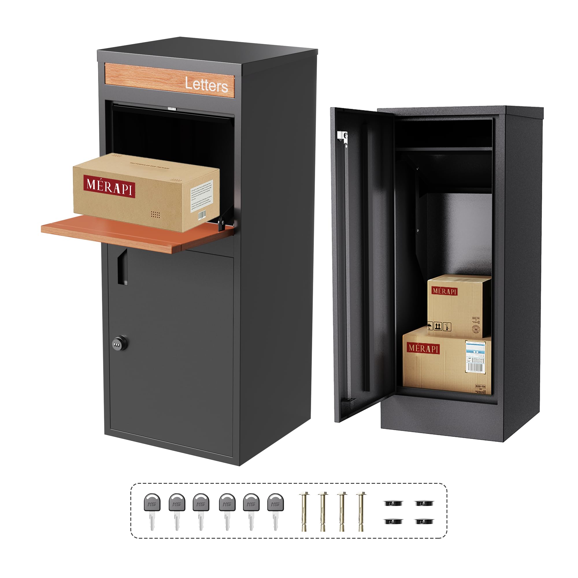 Merapi Large Lockable Package Delivery Box for Porch, Outdoor Parcel Drop Box with Rear Access Door, Weather-Resistant Metal Parcel Locker, No Assembly, Fence Mount, Wood-Look Finish