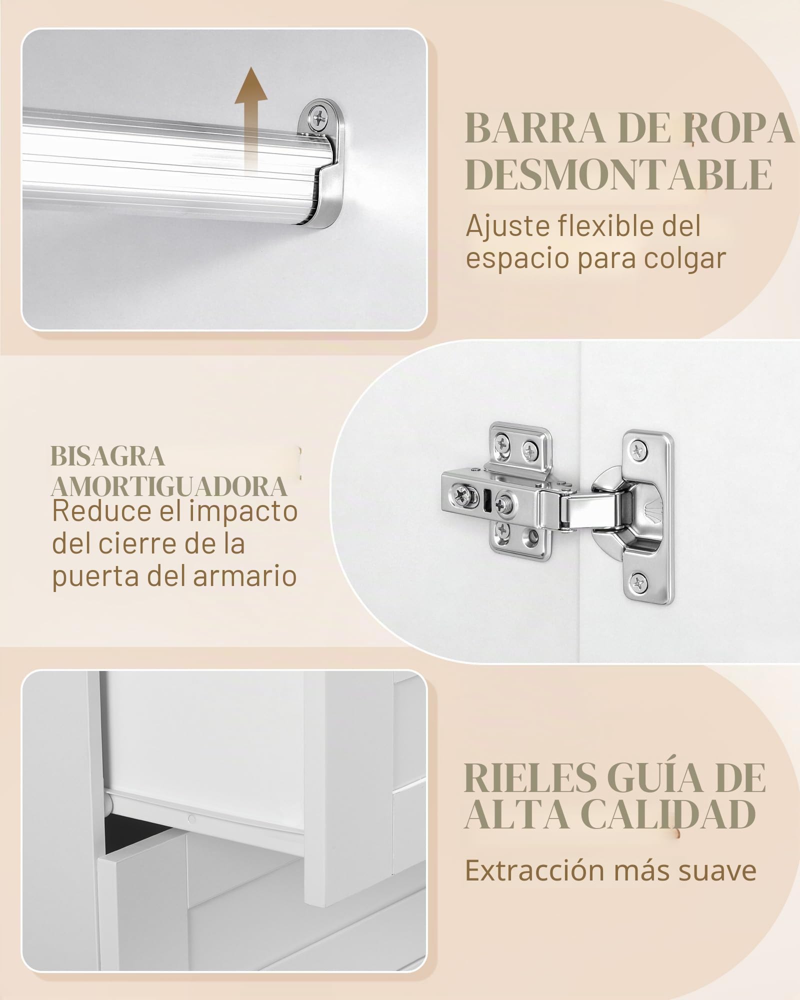 Hzuaneri Armario de 2 Puertas, 50 x 80 x 180 cm, Armarios Dormitorio con 3 Cajones y Perchas, 2 Estantes y Ganchos en Los Laterales de Las Puertas, Estilo Moderno y Minimalista, Blanco BW08803E