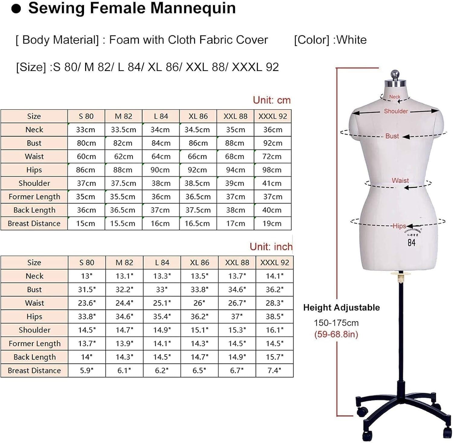 Mannequin Dress Form Oversized Female Sewing Mannequins with Spec Line，White 3XL