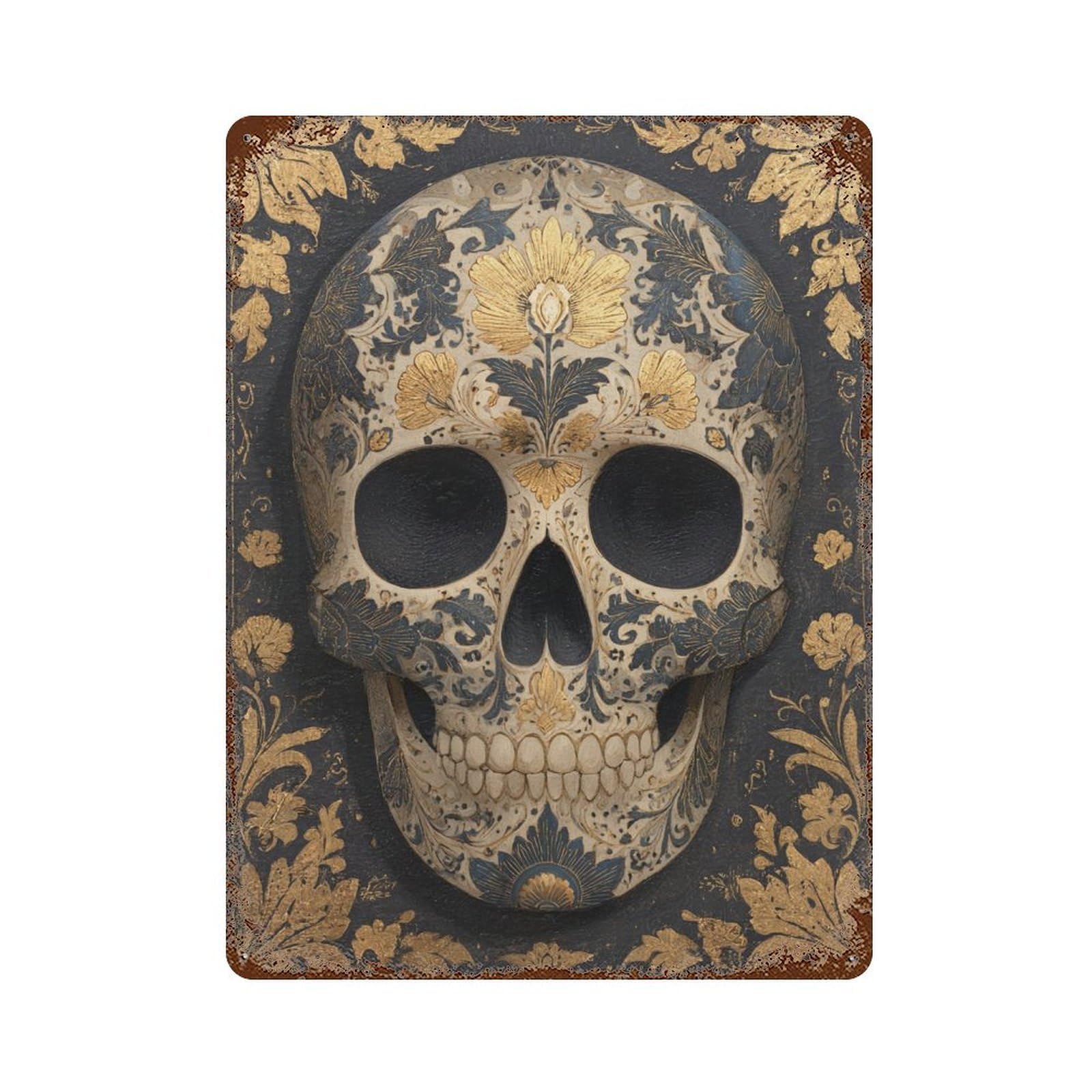 Decorative Carved Wooden Skull Decorative Tin Sign 15.7"x11.8", Vintage Wall Decor for Basement, Hobby Room And Garage Decor