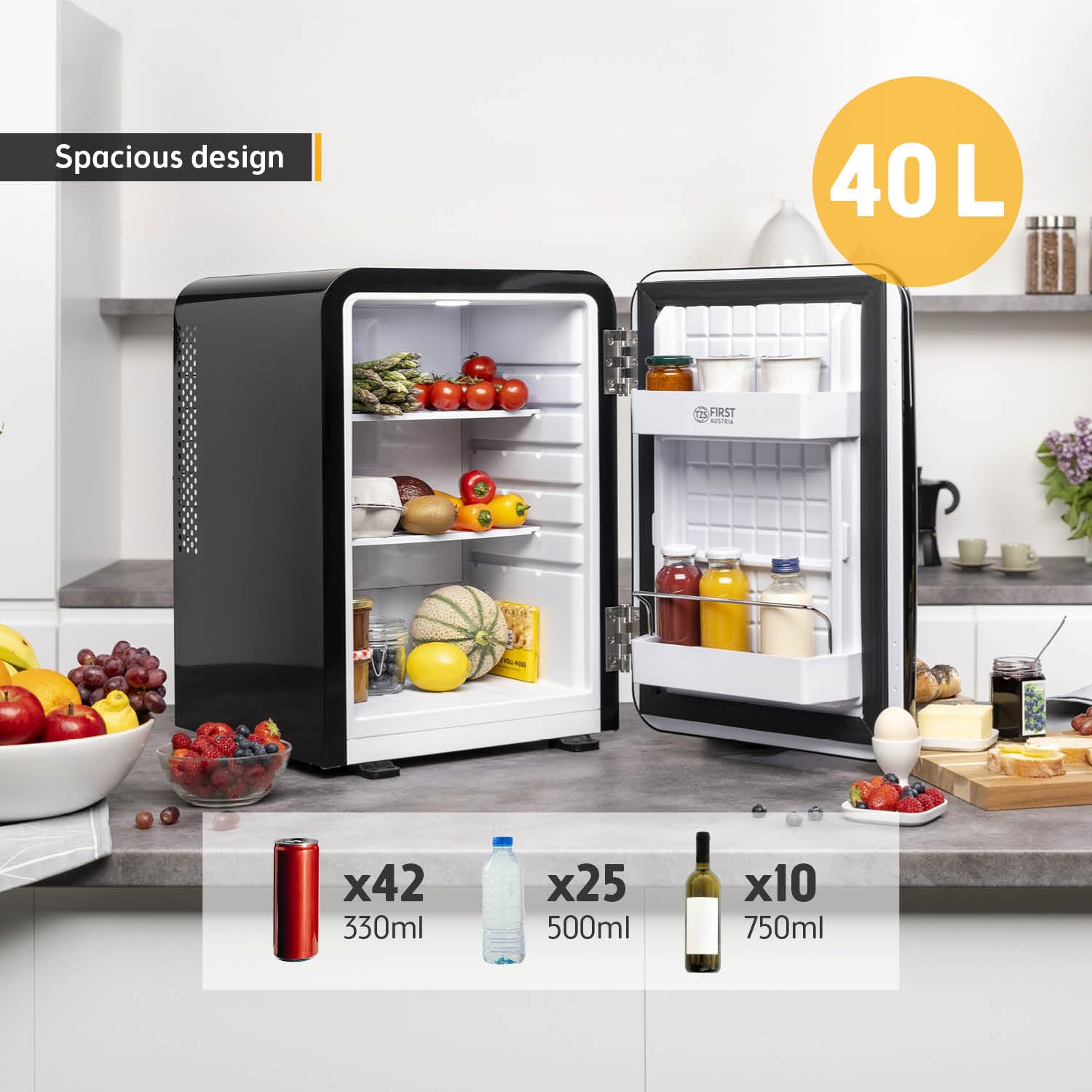 TZS First Austria - Retro Mini Fridge 40L Silent - Small mini fridge in vintage design with interior lighting & 2 door compartments - Minibar for camping, office, bedroom & hotel - black — view 5