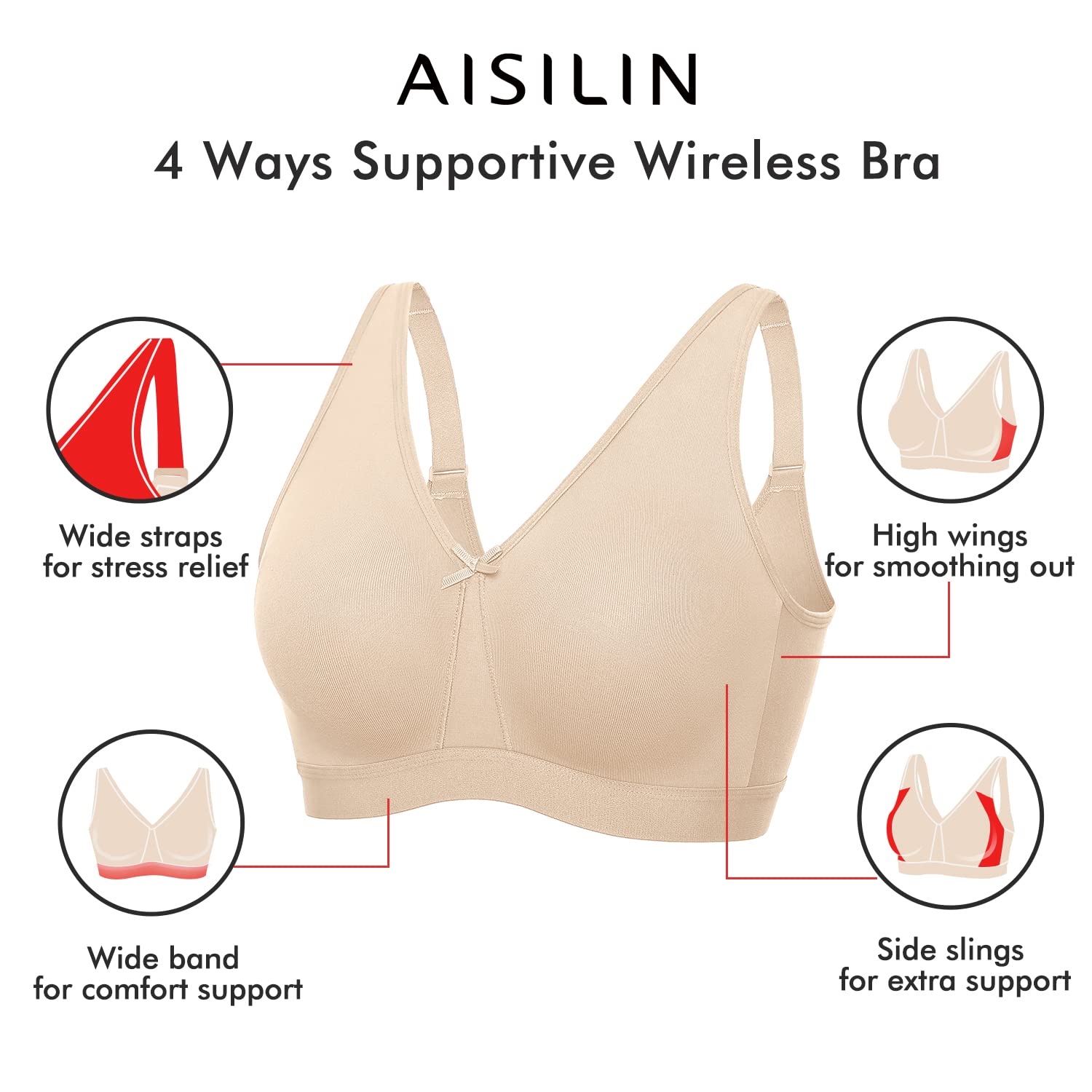 AISILIN Sujetador Algodon sin Aros para Mujer | Tallas Grandes, sin Relleno, de Copa Completa, Comodos