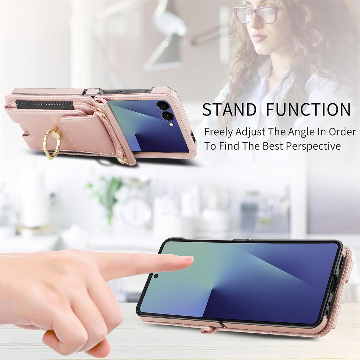 Asuwish Phone Case for Samsung Galaxy Z Flip 7 5G Wallet Cover with Ring Crossbody Wrist Strap Lanyard Credit Card Holder Slot Cell Leather Purse ZFlip 7Z Z7 G Flip7 ZFlip7 Women Men Girls Rose Gold