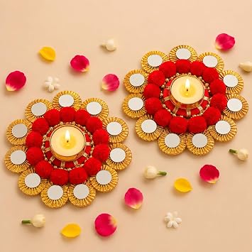 LoveNspire Tea Light Candle Holder Rangoli Mat for Home Decor 2 Pcs Decorative Diya Stand for Diwali Pooja, Table Centerpiece, Housewarming, Christmas & Festive Gifting Orange
