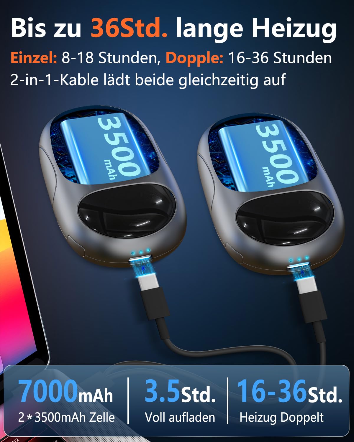 DDKJ Handwärmer Elektrisch Magnetisch - 2er Pack Beidseitig Taschenwärmer Aufladbar，LED-Display & 3 Heizstufen Hand Warmers, Klein Wiederverwendbar Hand Wärmer für Kinder Männer Frauen - Schwarz