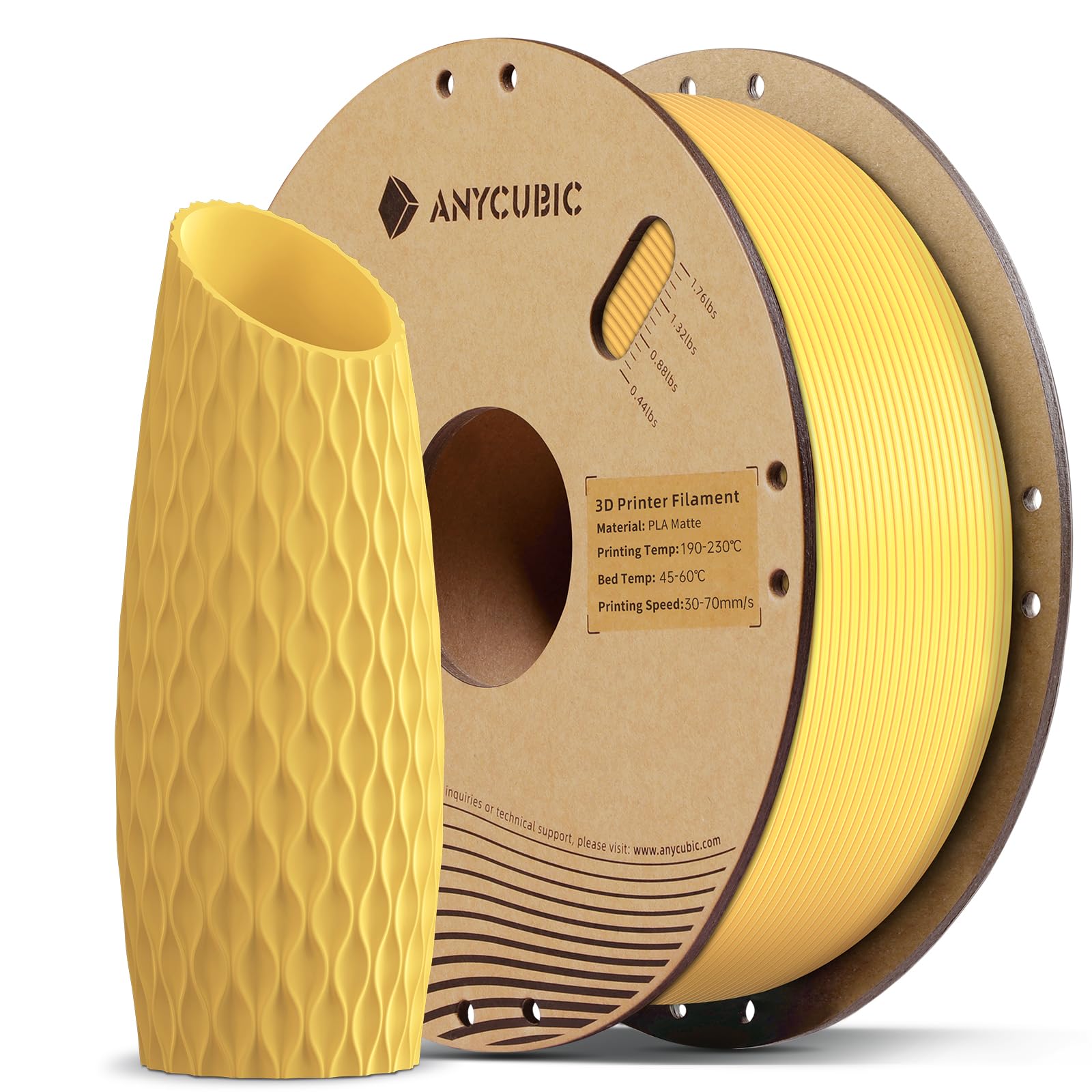 ANYCUBIC Matte PLA Filament 1,75mm, 3D Drucker Filament Präzision 1,75mm +/- 0,03mm, Matte Textur, Clog Free und Abbaubares für 3D Printer, Matt Gelb 1KG