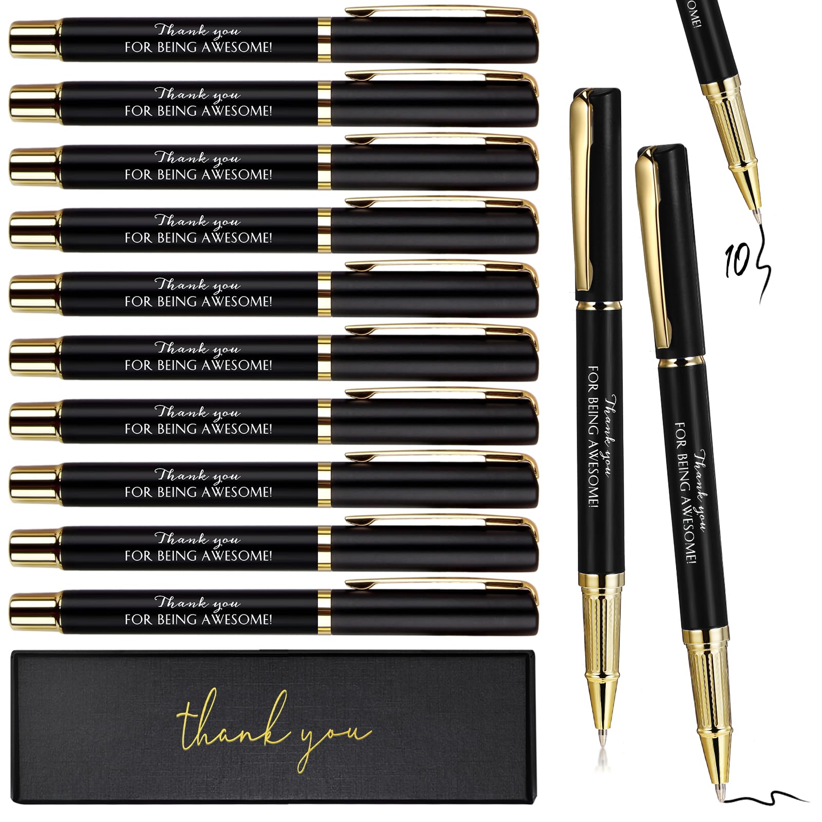 PerKoop 10 Set Thank You Gifts Ballpoint Pens with Gift Boxes Bulk Christmas Appreciation Gifts for Employee Coworker Nurse Staff Member Office Supplies(Black,Awesome)