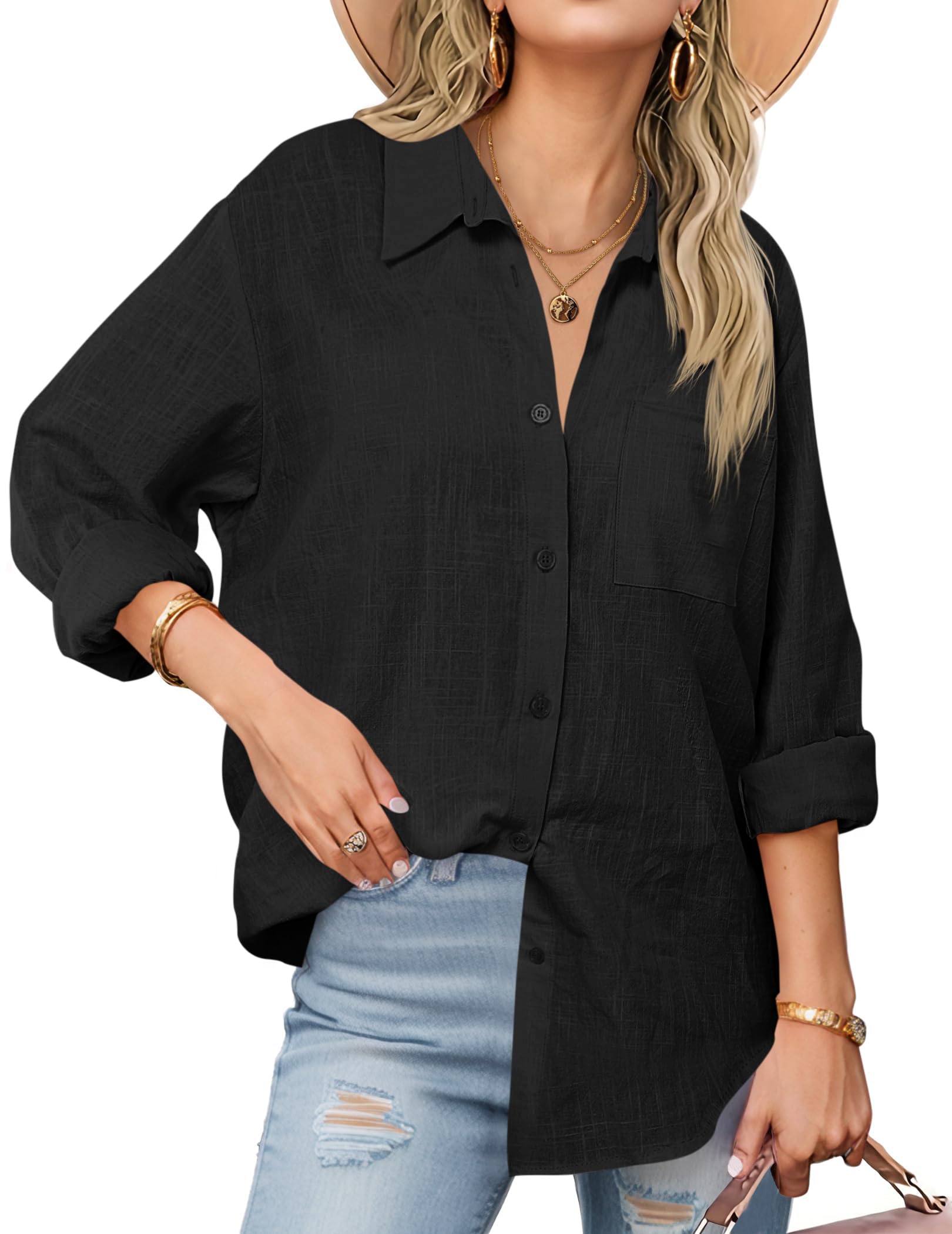 Cicy Bell Blusen Damen Oversized V-Ausschnitt Hemdbluse Langerm Locker Shirts Einfarbig Baumwolle Button Down Oberteil Casual Tops