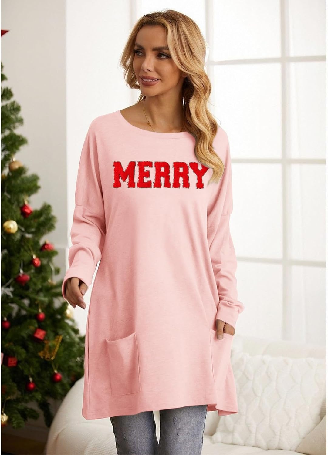 Women Merry Christmas Shirt Glitter Patch Long Sleeve Tunic Top Xmas Holiday Tshirt Dress Blouse Outfit with Pocket - Image 4