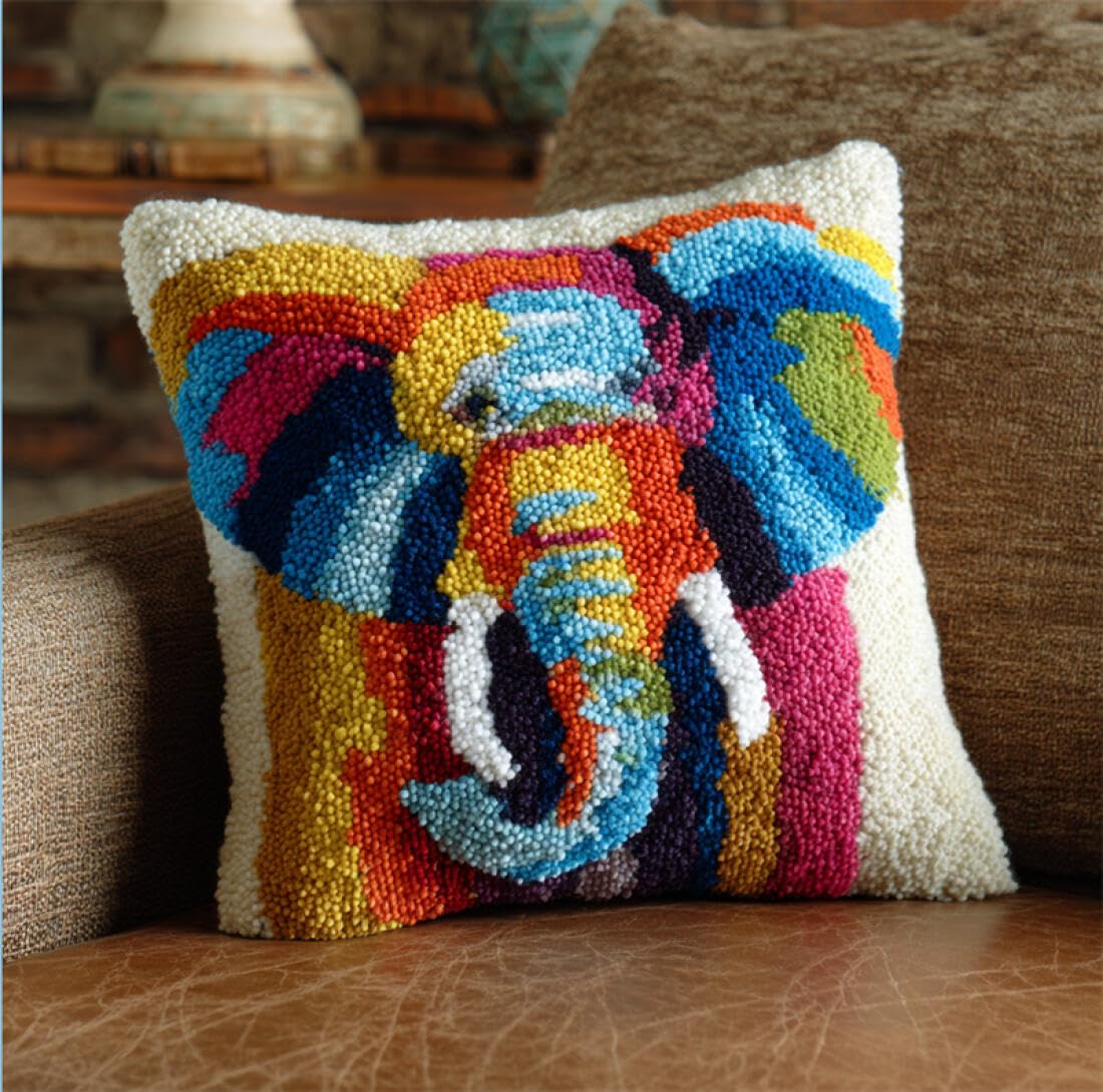 Kitquiver Animal DIY Craft Latch Hook Rug Kits Colorful Elephant DIY Latch Hook Rug Kit for Beginners Embroidery Cushion Canvasfor Adult Beginners 17x17In