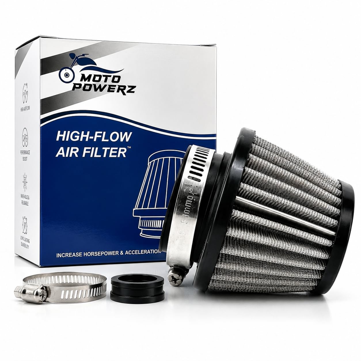 Moto Powerz CNC Silver High-Performance Conical Air Filter - Stainless Steel & Cotton, Universal Fit for All Bikes-image-26