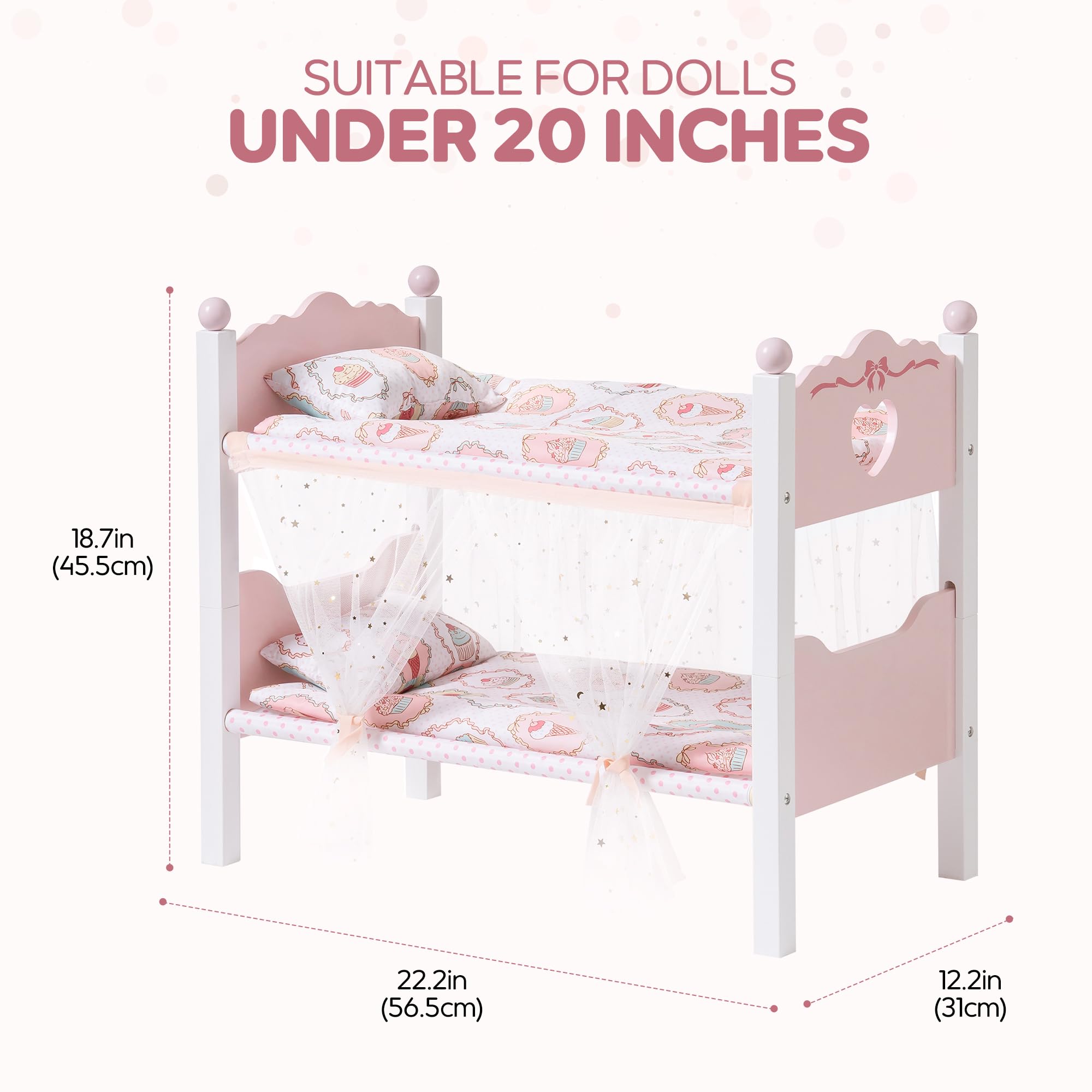 Literas de muñeca de bebé, cuna de madera para muñecas con cortina estrellada, cuna de juguete apilable para muñecas de 18 pulgadas, juego de cama para muñecas con accesorios de cama, para 2