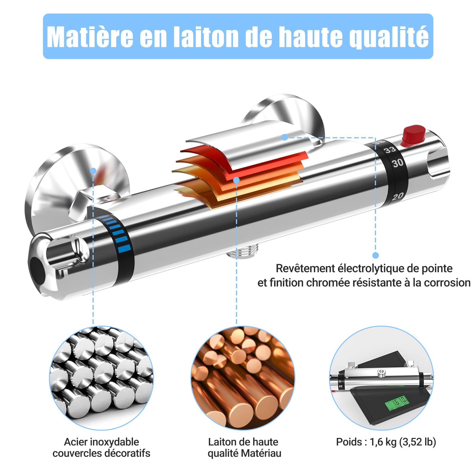 LADOKEE Mitigeur Douche, Robinet Thermostatique Douche avec Bouton de Sécurité 38 °C, Anti-brûlure, Entraxe 150mm, Raccord G 1/2, Laiton, Température Réglable 20-50°C, Chromé, pour Salles de Bains