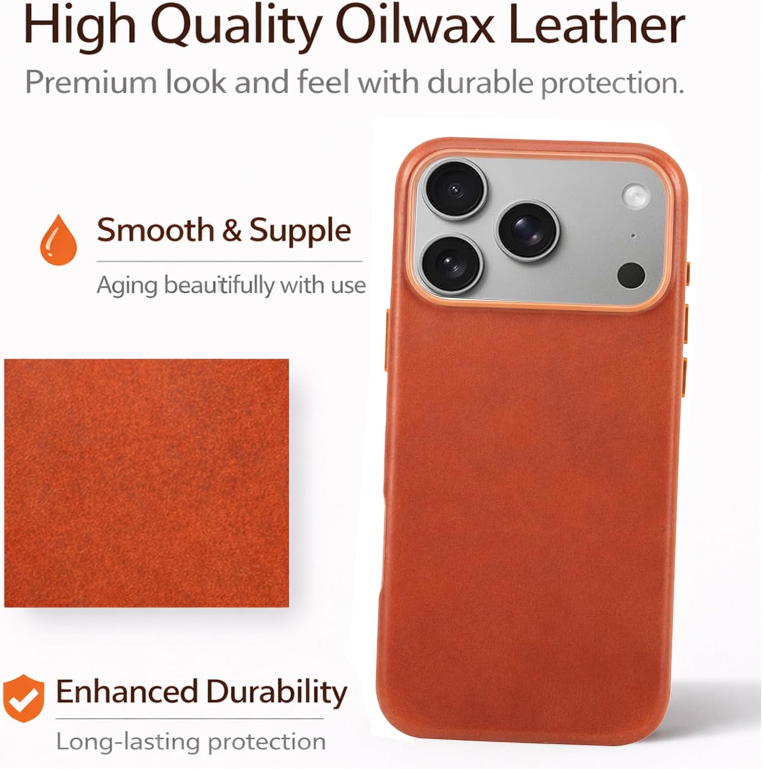 iPhone 17 Pro Max Leather Case, Full Grain Genuine Leather, MagSafe Compatible, Slim Shockproof Protective Cover with Camera Control Cutout, Soft Microfiber Lining, Brown