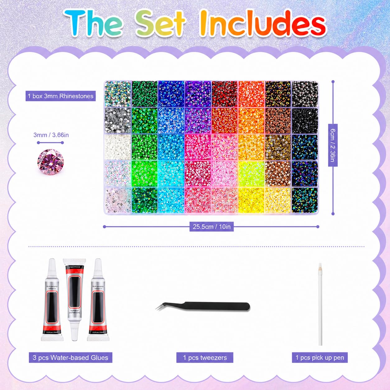 Kit Strass à Coller 32000PCS, 40 Couleurs Strass 3 mm avec Colle et Stylo, Bedazzling Kit DIY pour Nail Art, Ongles, Vêtements, Chaussures, Tasses et Décoration Artisanale