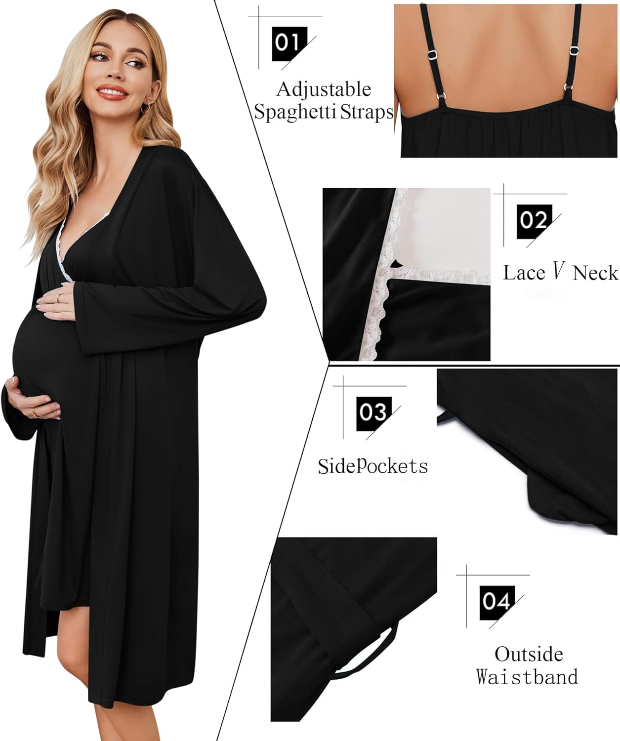 Ekouaer Maternity Nursing Gown and Robe Set Lace Nursing Nightgown for Breastfeeding Labor Delivery gowns for Hospital - Image 3