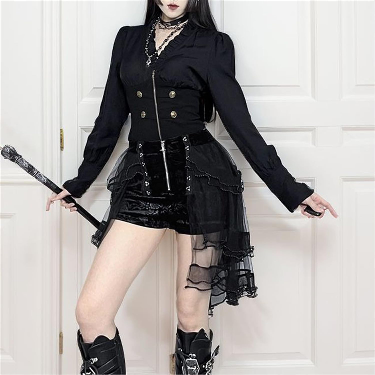 Women's Goth Grunge Ruffle V-Neck Crop T Shirt - Long Sleeve Zip up with Buttons Punk Streetwear Club Top Tee - Image 3