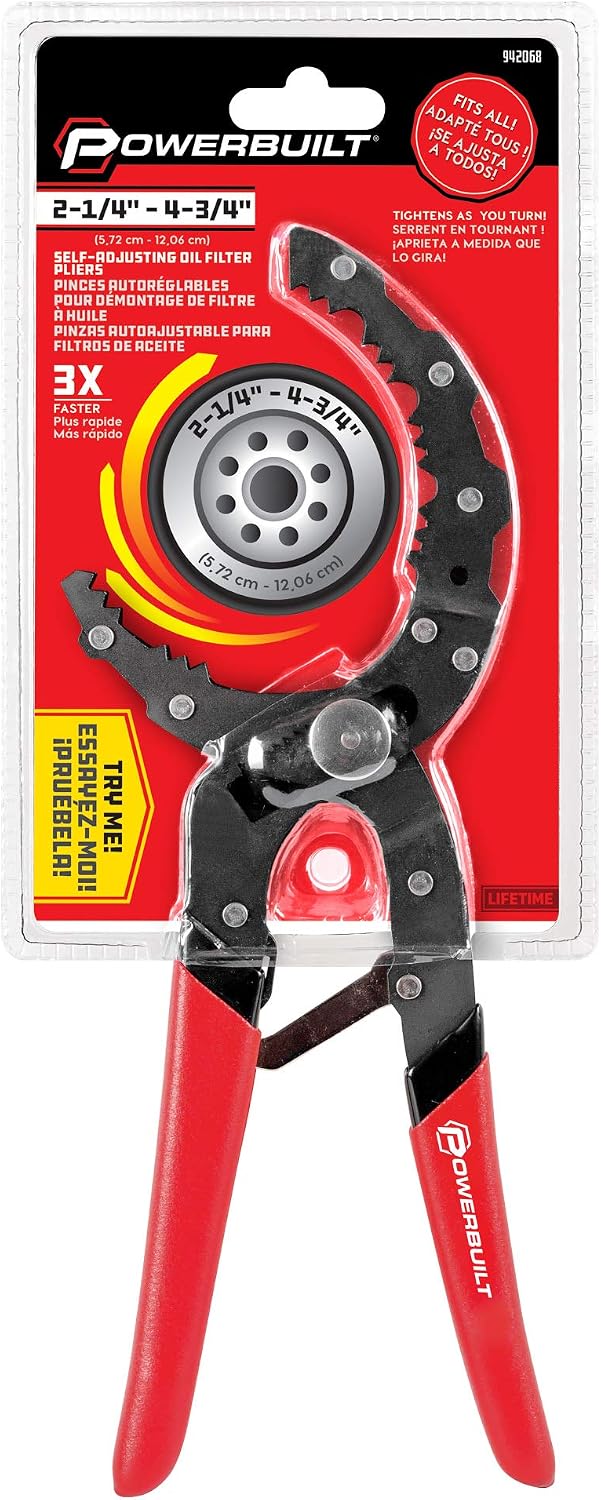 Powerbuilt Self-Adjusting Oil Filter Pliers, Adjustable Oil Filter Wrench, Grips and turns oil filters from 2-1/4-Inch (57mm) to 4-3/4-Inch (120mm) - 942068
