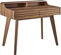 Modway Render Mid-Century Modern Writing Desk with Storage Drawers, Walnut - Home Office Computer Desk